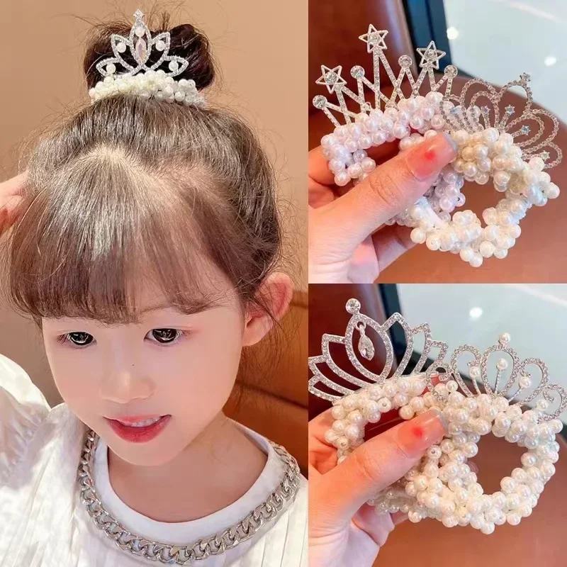 Women Princess Rhinestone Crown Pearl Rubber Band for Girls Children Elastic Hair Ring Headwear Girls Kids Hair Accessories