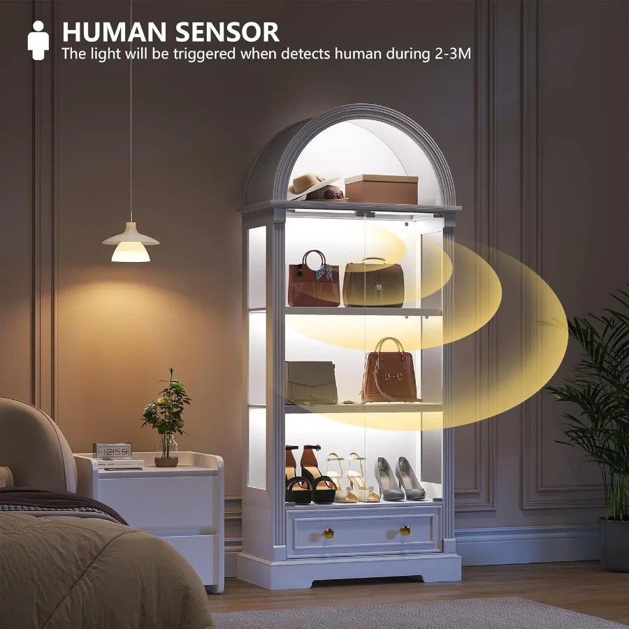 Arched Display Cabinet with Glass Doors, 72" Tall Curio Cabinet with Human Sensor Lights, 4-Tier Display Case for Collectibles view 5