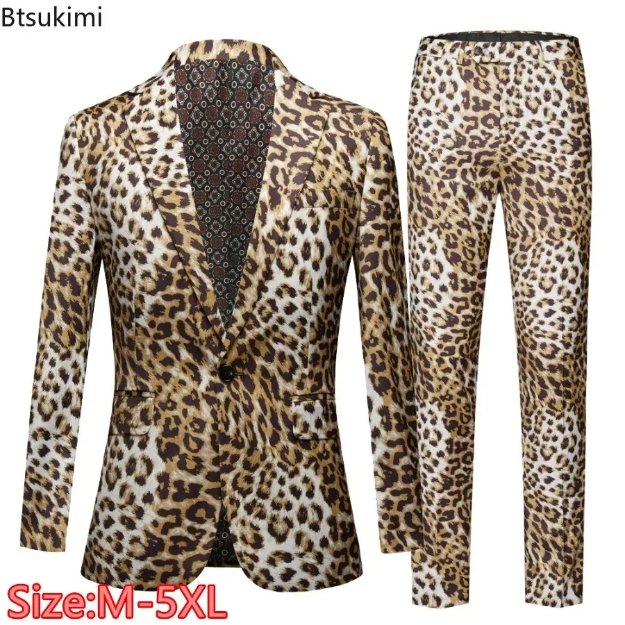 New2025 Leopard Print Suit Sets Men's Fashion Slim Fit  Singer Stage Costumes Two Pieces Nightclub Party Men Clothing Oversized