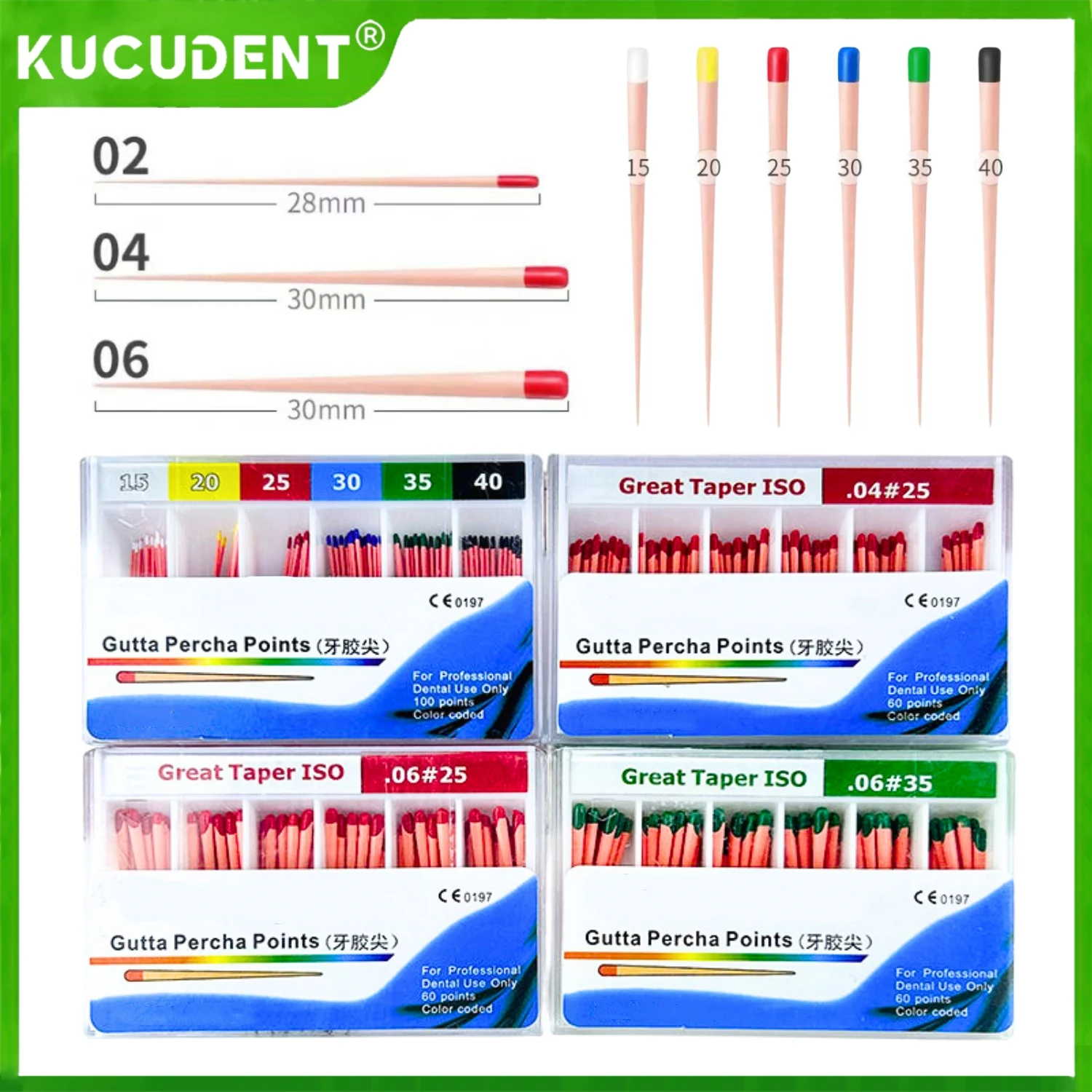 歯科用ガッタパーチャポイント、根管治療用オブチュレーティングチップ、テーパー002、004、006、f1、f2、f3、使い捨て歯科材料