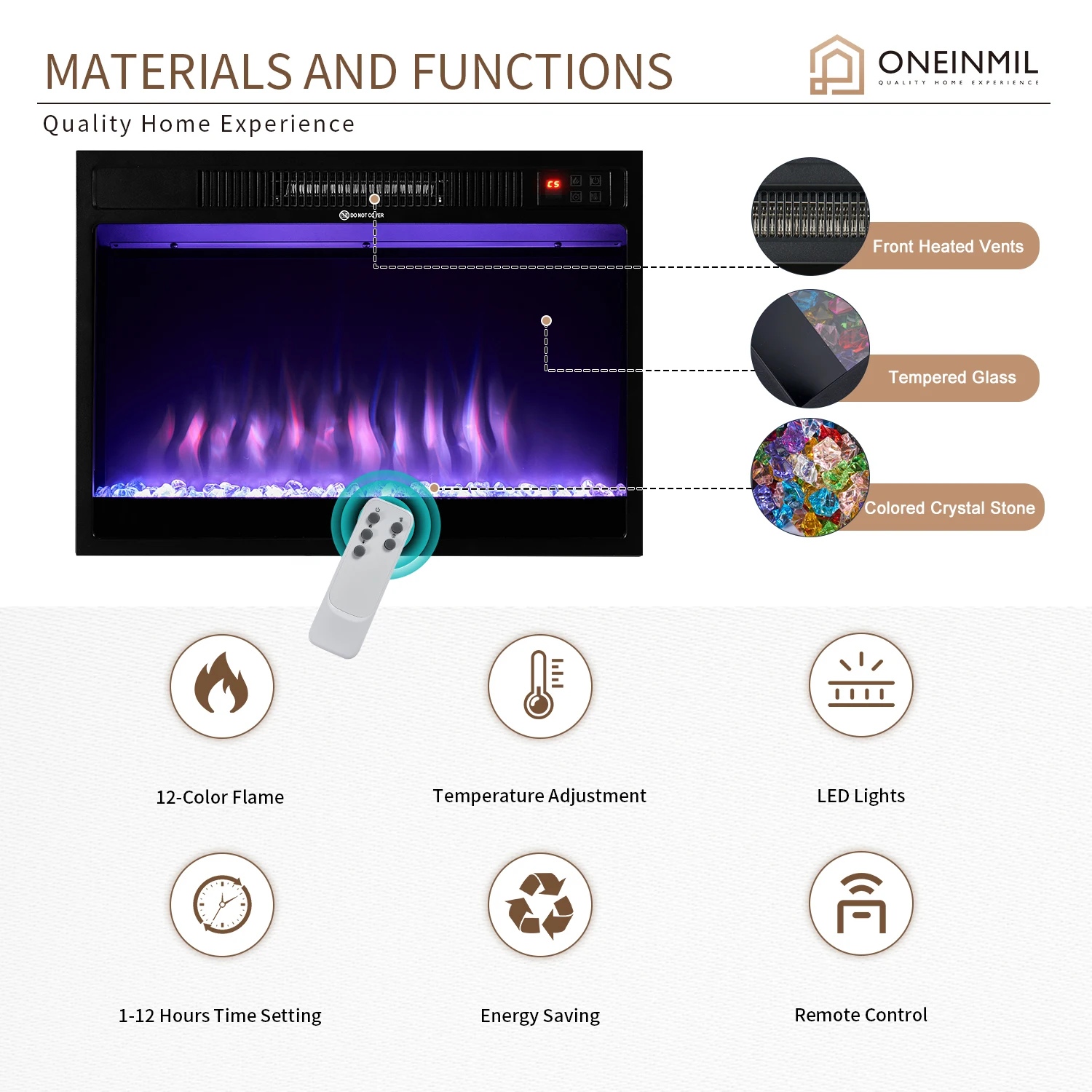 Soporte para TV con chimenea Aoxun, mueble para TV de 68" con calentador de inserción para chimenea eléctrica de 23", control remoto, temporizador, luces de 12 colores