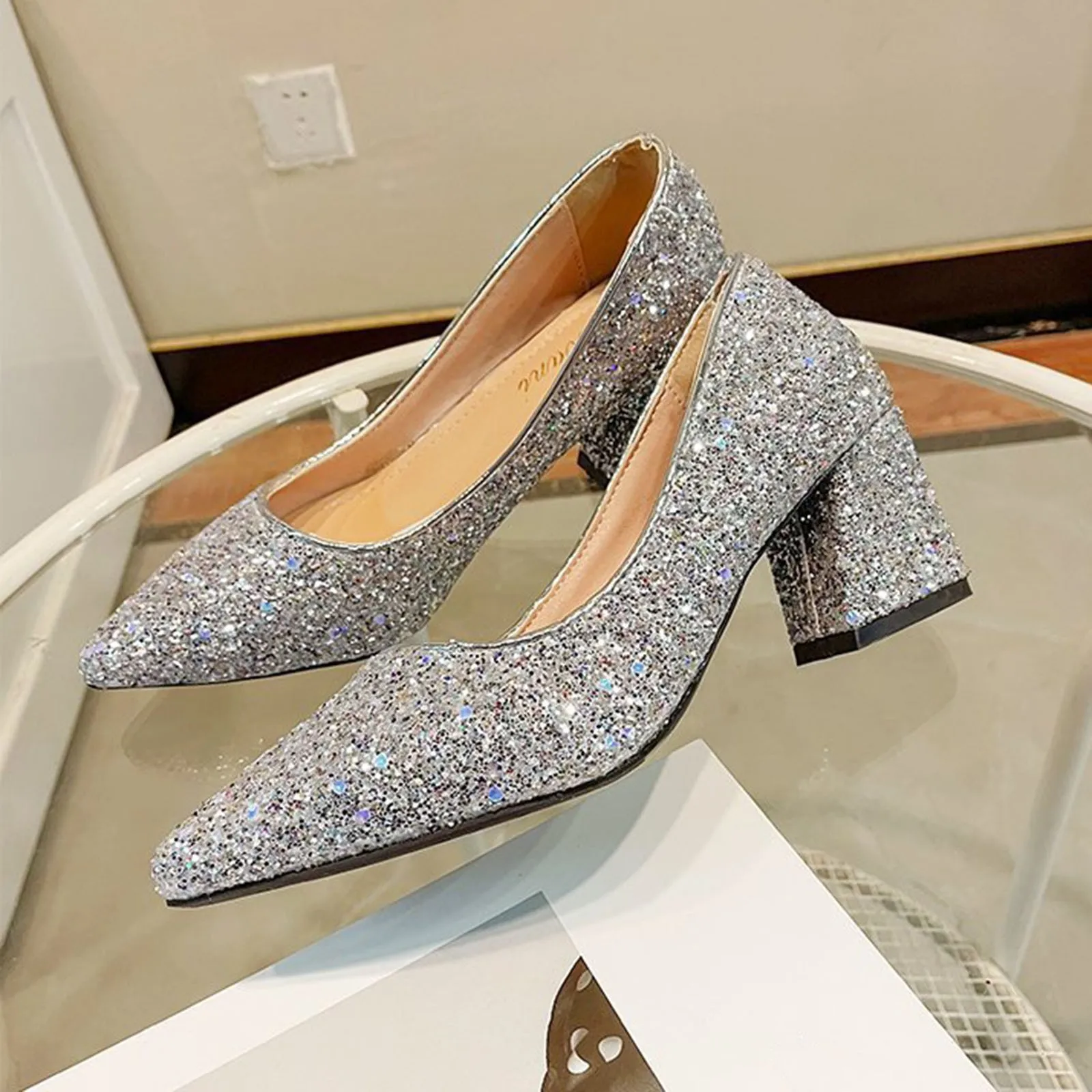 Women Pumps 2023 Hot Sale Shoes Spring Autumn Fashion Sequins Thick High Heels Shallow Shoes Female Pointed Toe Party Shoes