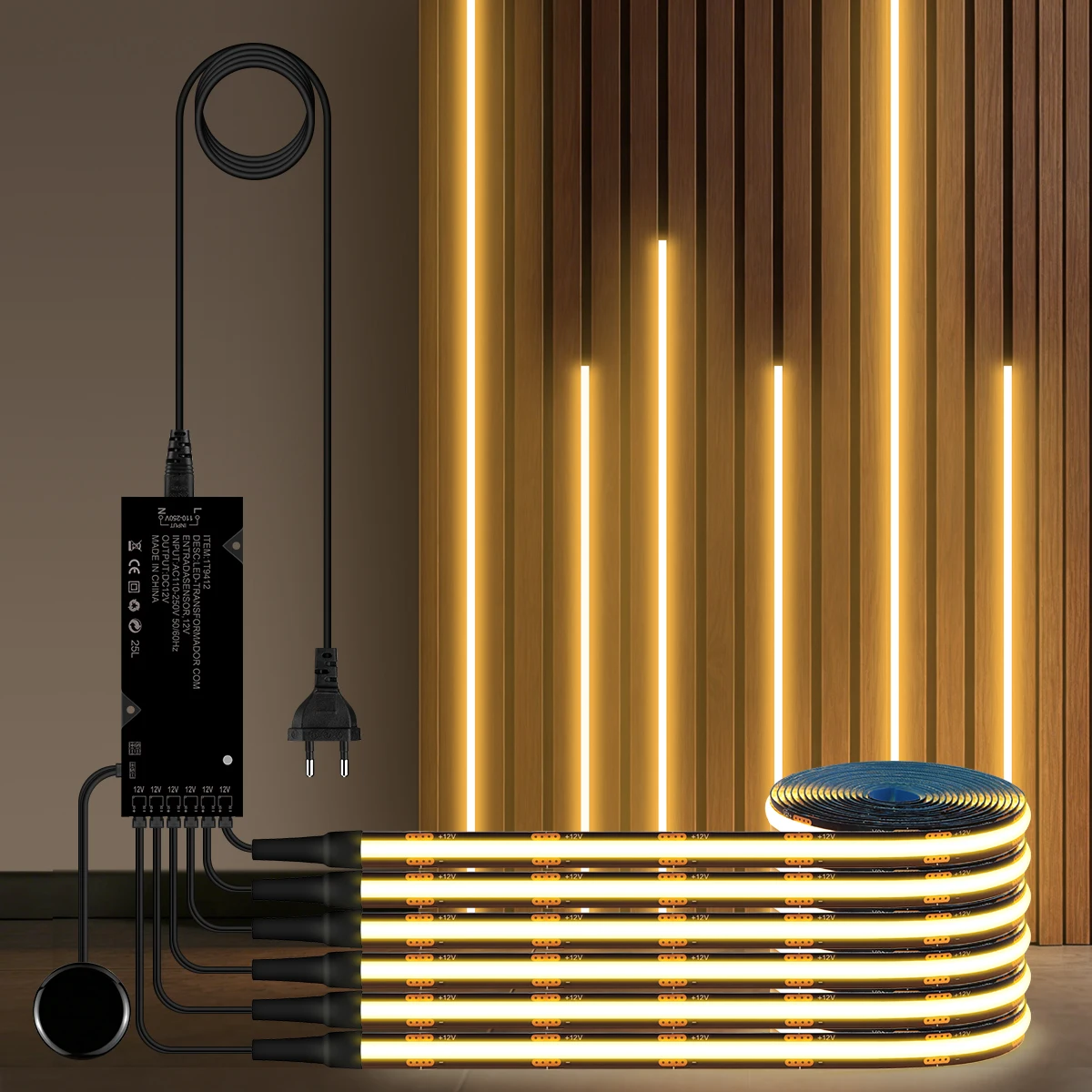 Tira de luces LED COB autoadhesiva PCB FCOB negra, Panel de pared acústico integrado de nogal, decoración, atenuador táctil de movimiento manual