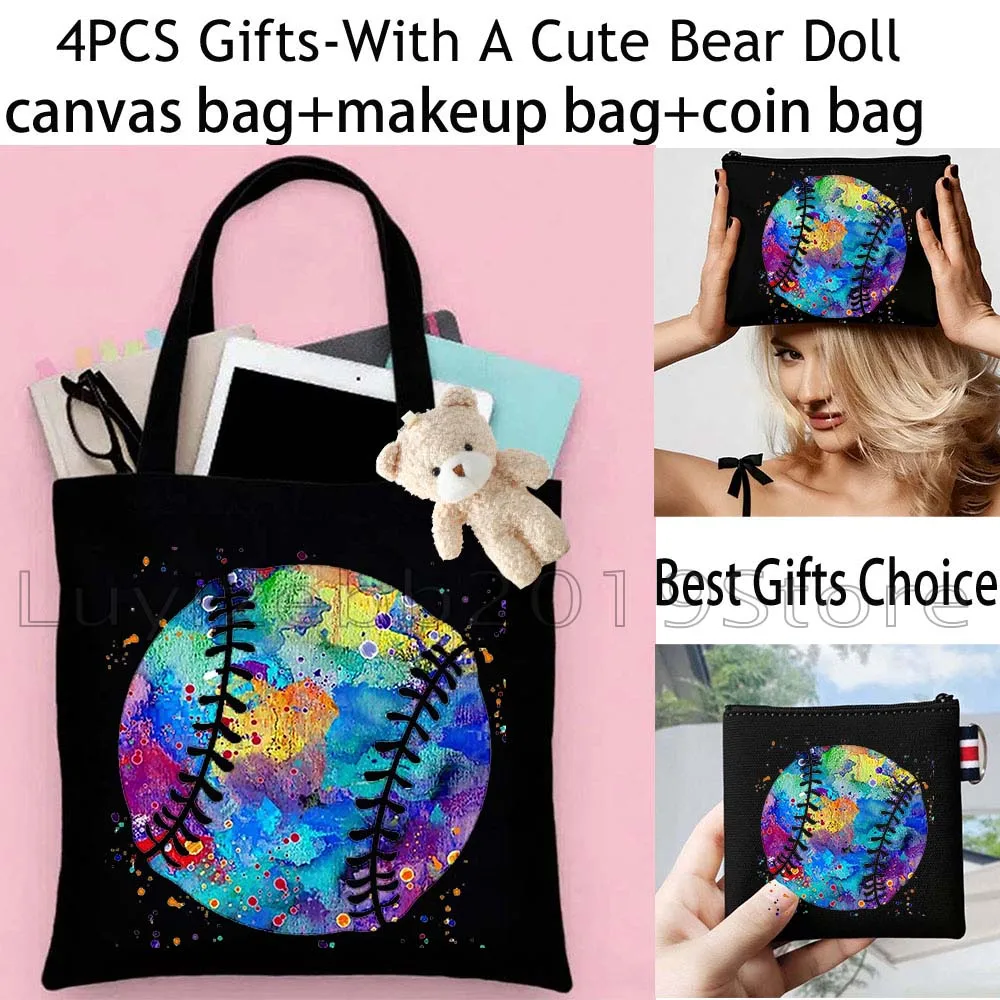 4PCS Cute Gifts Baseball Ball Softball Player Sports Canvas Tote Bag Handbag,Cosmetic Makeup Bag,Coin Purse Wallet Zipper Pouch
