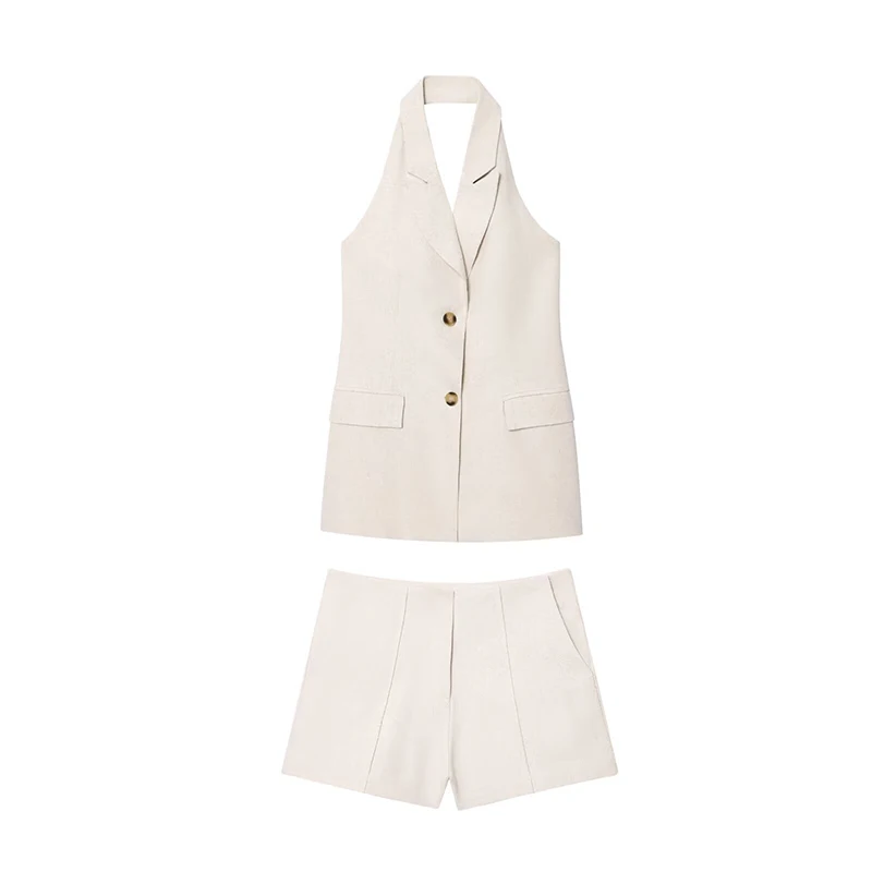 

RAFZNB High Waist Casual Shorts Sets for Women 2 Pieces Fashion Sleeveless Halter Vests Two Piece Set Women Outfits