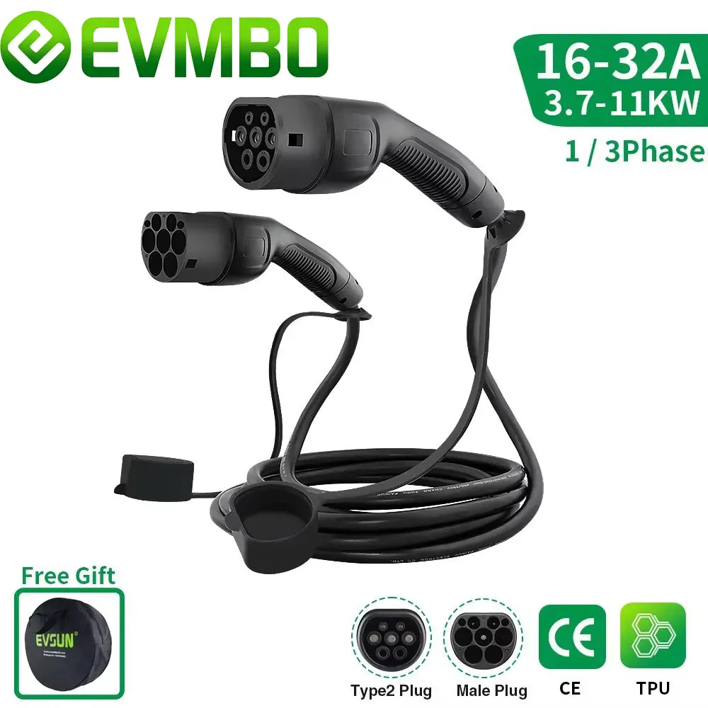 EVMBO EV Car Charging Cable 1 Phase or 3 Phase 16A-32A Type 2 to Type 2 Female to Male IEC 62196 Plug