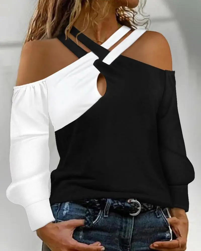 

Tops Women Trendy Fashion Colorblock Rhinestone Cold Shoulder Top Casual Long Sleeve Tee All-Match Female T-shirt