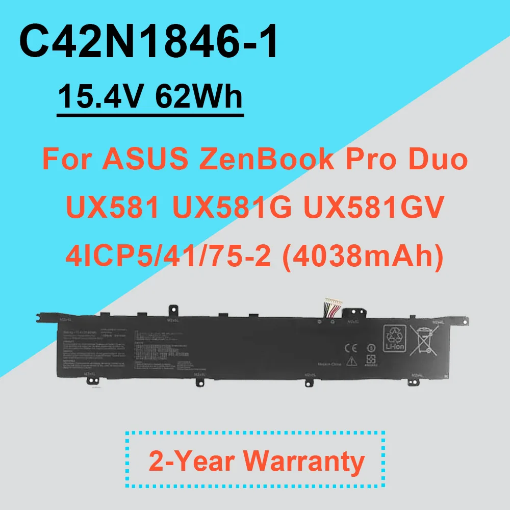 

15.4V 62Wh 4038mAh C42N1846-1 For ASUS ZenBook Pro Duo UX581 UX581G UX581GV Series 4ICP5/41/75-2 Laptop Battery Li-Polymer