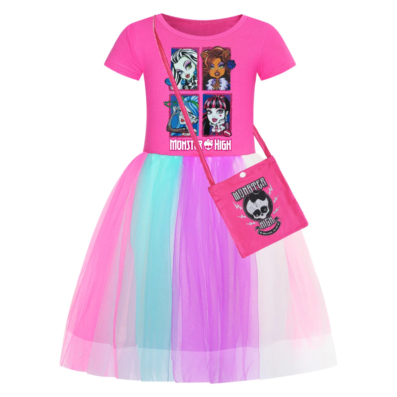 Funny Monster High Dress Kids 2024 Summer Vacation Clothes Baby Girls Short Sleeve Casual Dresses&bag Children Wedding Vestido