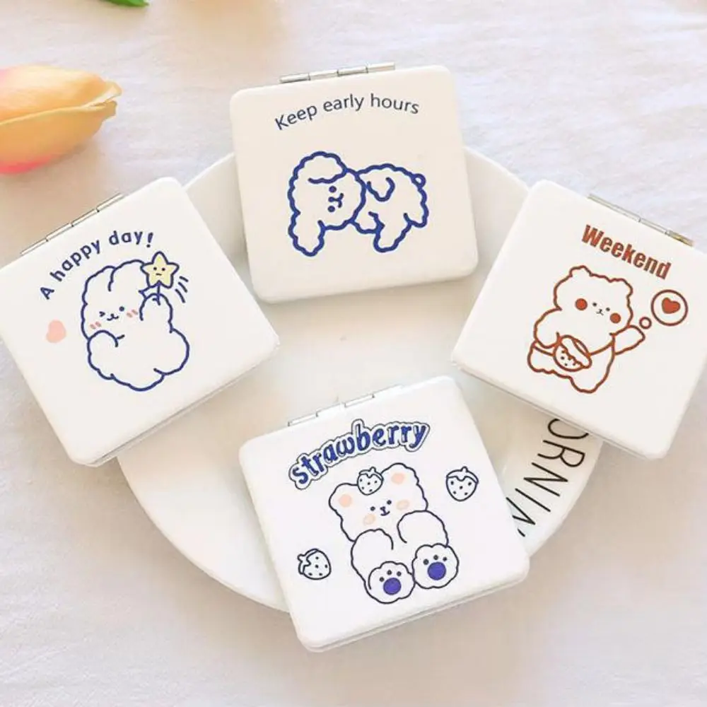 Little Bear Folding Makeup Mirror Double-Sided Mini Cosmetic Mirror Handheld Cartoon Dog Compact Pocket Mirror Cosmetics Tools