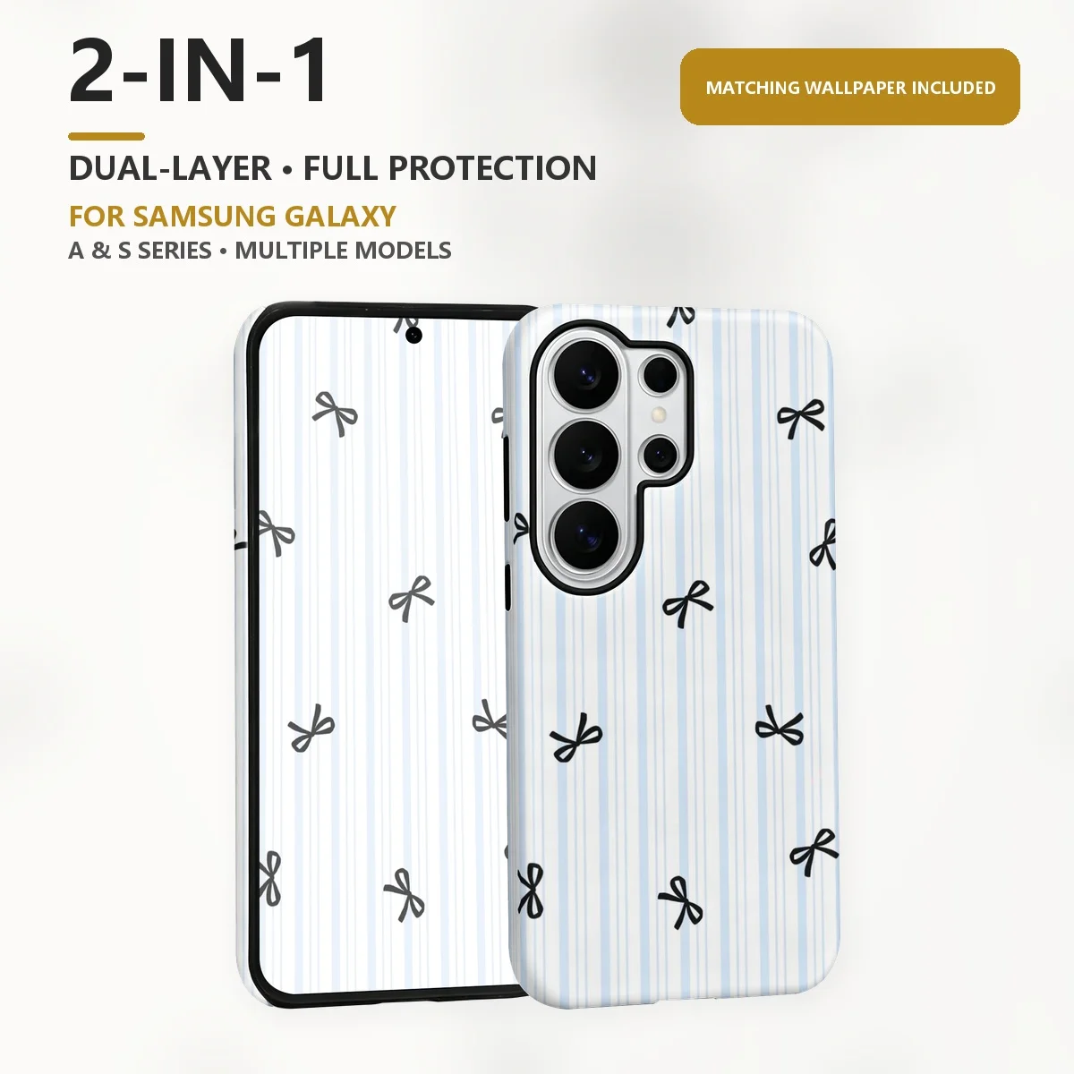 Black Bow Print 2-in-1 Dual-Layer Phone Case for Samsung Galaxy S26 S25 S24 S23 S22 S21 Plus Ultra FE S20 FE A56 A17 A16 A15