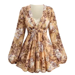 ROSEGAL Plus Size Women's Blouse Floral Printed Embroidery Ruched Surplice 2 In 1 Long Sleeves Casual T-Shirts Spring Autumn Top