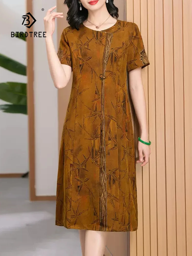 BirdTree-vestido de seda 100% auténtica para mujer, vestido elegante de manga corta, estampado Vintage de gran tamaño, D44841QC