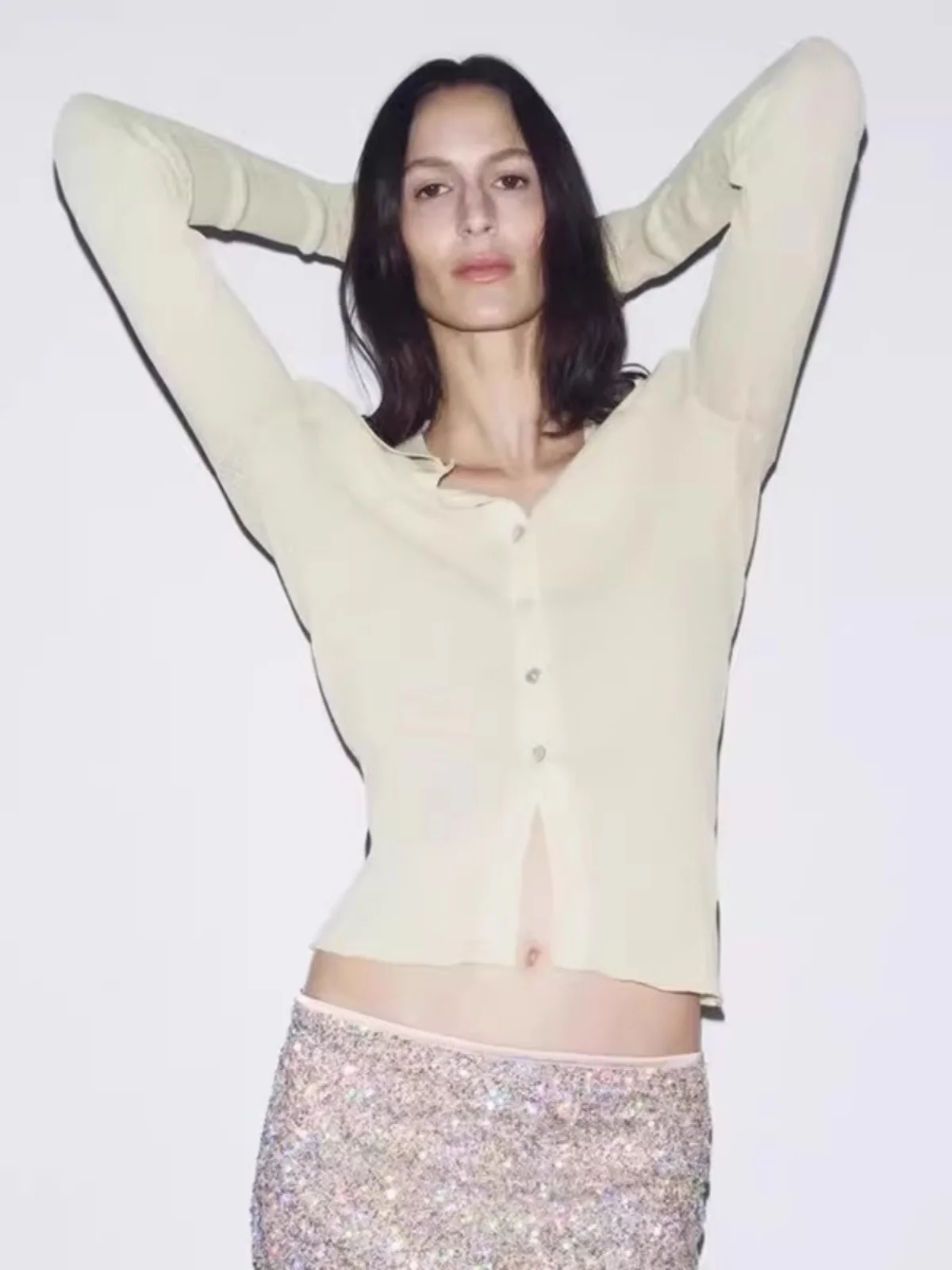 

Легкий вязаный повседневный женский полупрозрачный новый летний облегающий длинный кардиган на пуговицах све, однотонный кардиган