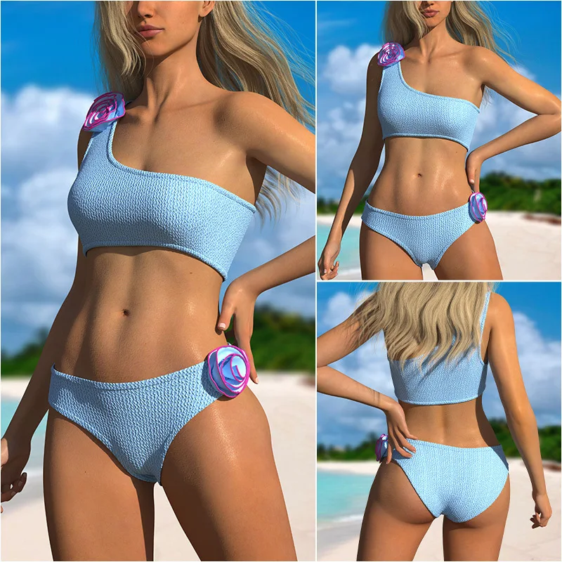 

Cross Border Bikini suit Macaron Color Flower Split Bikini Swimsuit with Chest Pad Bikini Swimsuit Women