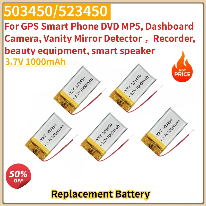 5PCS Battery 503450/523450 3.7V 1000mAh for GPS Smart Phone DVD MP5, Dashboard Camera, Vanity Mirror Detector High Quality