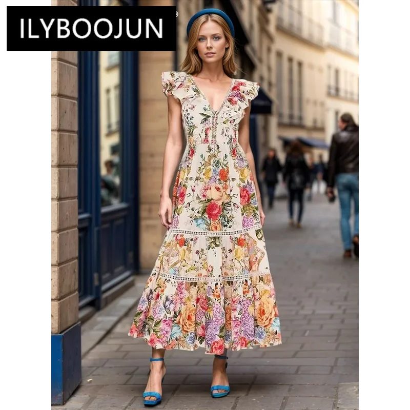 

ILYBOOJUN Hit Color Elegant Printing Dresses For Women V Neck Flying Sleeve High Waist Backless Temperament Dress Female New