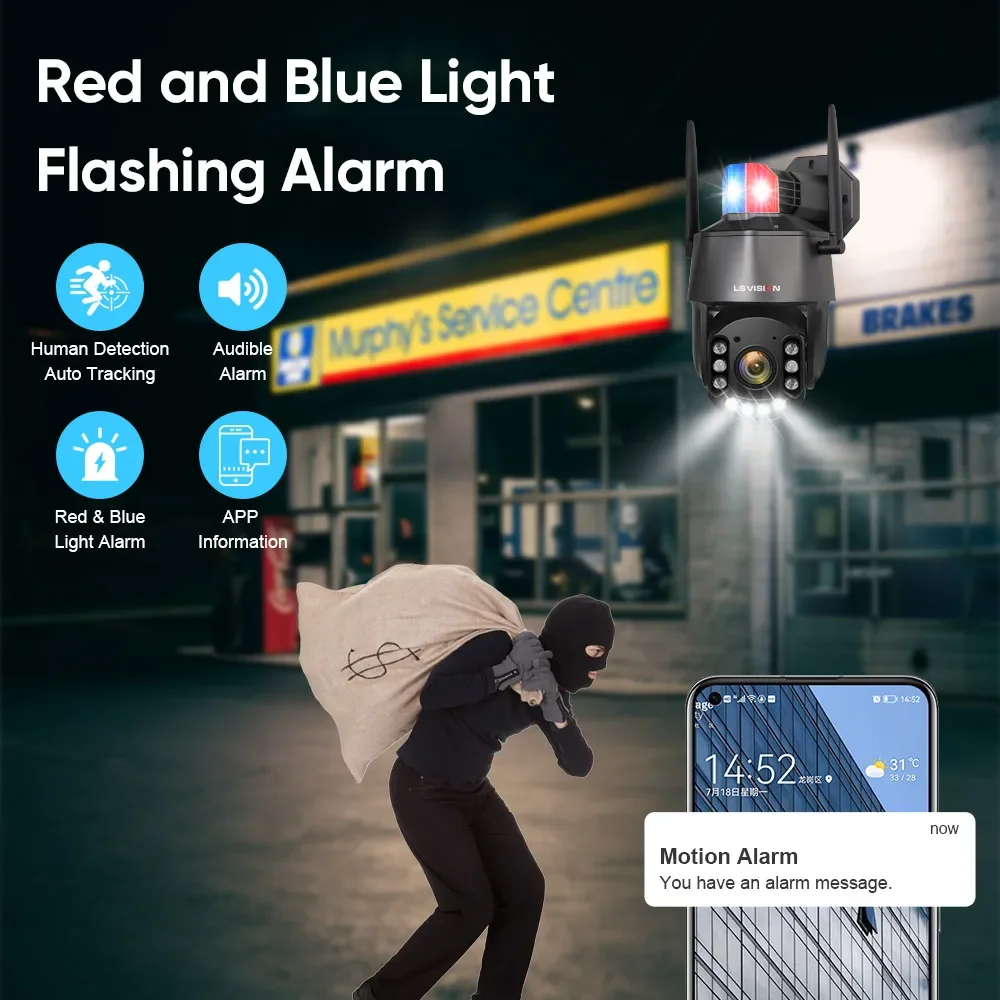 LS VISION 5MP 30X Optical Zoom Outdoor Surveillance Camera PTZ WIFI 4G Red Blue Warning Lights Auto Tracking IR 150M CCTV Camra