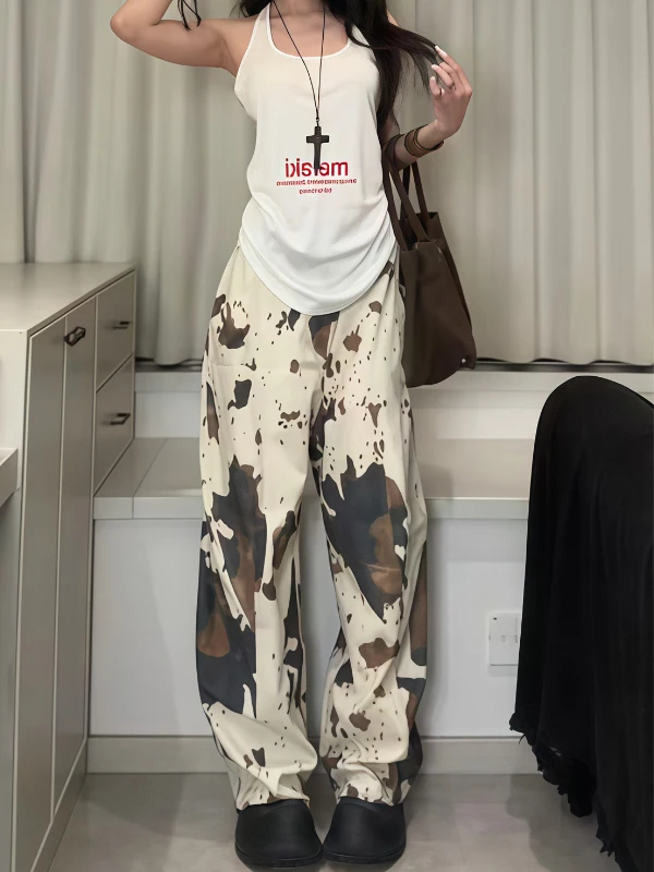 

American Style Vintage Cow Pattern Wide Leg Denim Jeans Women's Spring Summer New Loose Shape Loose Sexy Knife Pants