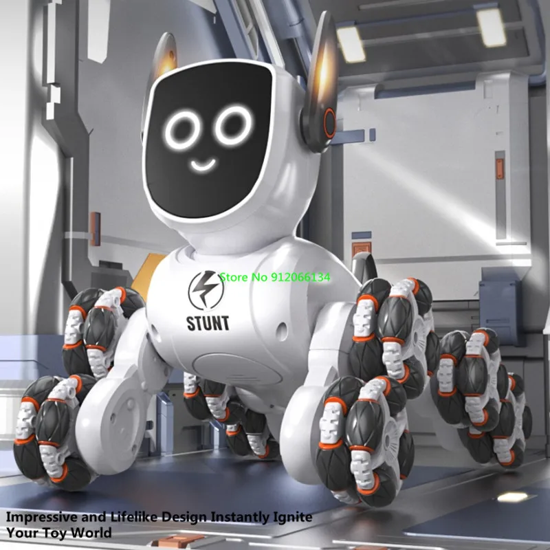 Guarda il rilevamento dei gesti 8 ruote Educazione Telecomando Robot Dog 2.4G Illuminazione a LED Musica 4WD Smart Demo 360 °   Cane RC con rotazione