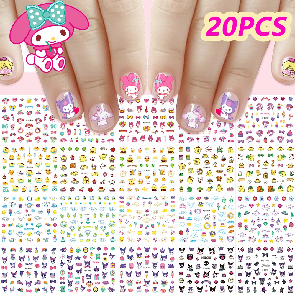 

20Pcs/Set Kawaii Hello Kitty Nail Art Sticker Cartoon Kuromi Mymelody Cinnamoroll Adhesive Decals DIY Girls Manicure Sliders