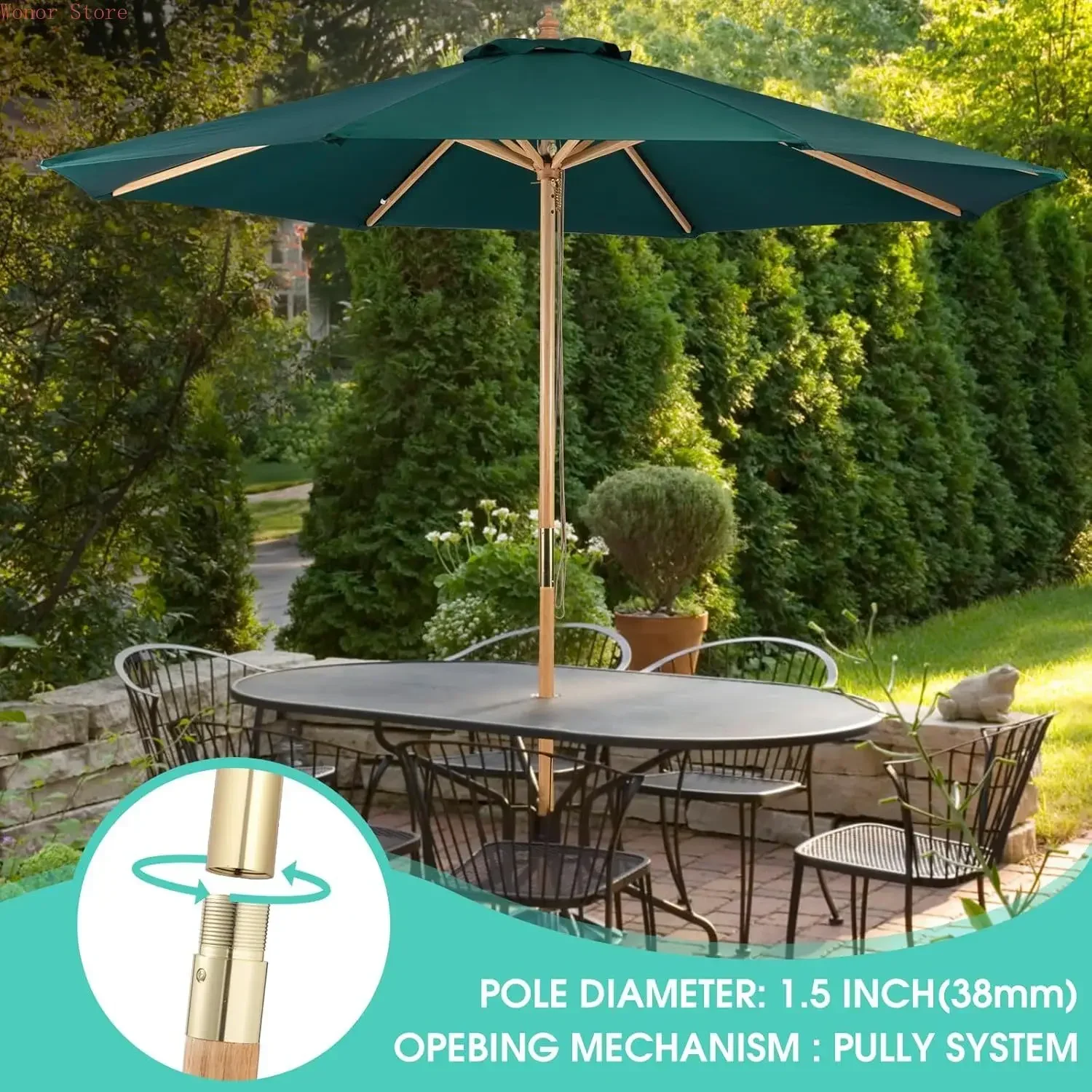 

9ft Wooden Umbrella, Outdoor Patio Umbrella, Wood Market Umbrella, Patio Umbrella Wood Pole with Pulley Lift for Garden, Yard
