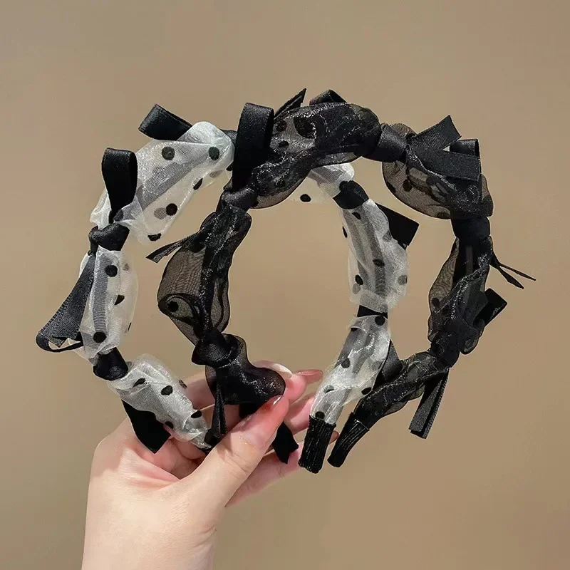 

Vintage Lace Hairband Headband Hair Hoop with Polka Dot Bow Breathable Mesh Design for Women Daily Party Use Hair Accessories