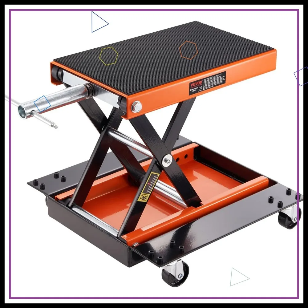

1100 LBS Motorcycle Scissor Lift Jack with Dolly, Hand Crank, Wide Deck & Tool Tray for Street and Cruiser Bikes