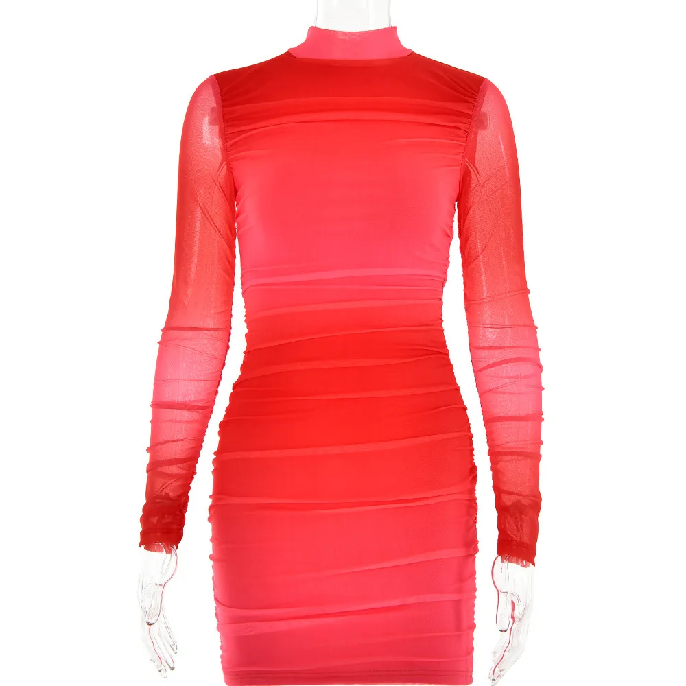 Yuzhexi vestidos de malha de camada dupla de cor desbotada de manga comprida para mulheres laranja-vermelho bodycon festa elegante roupa curta
