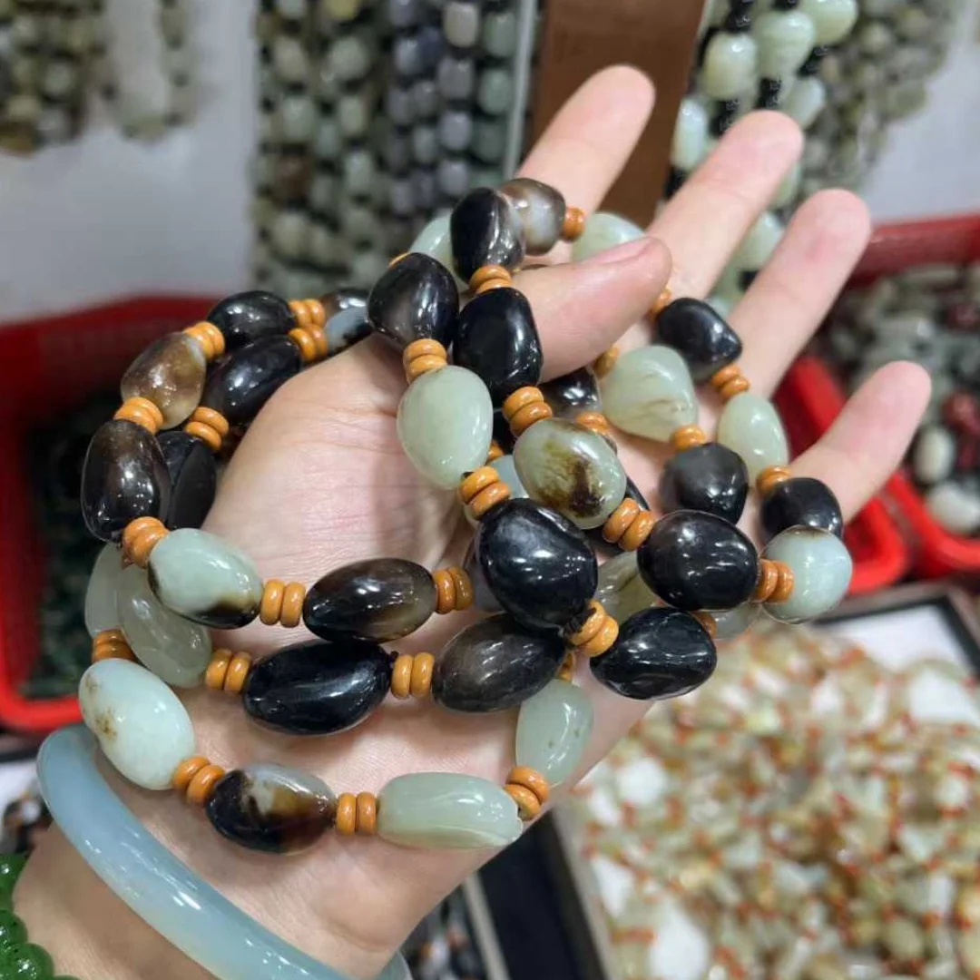 New Natural Hotan Jades Raw Stone Natural-color JadeBangles Handring Exquisite Jadeite Bracelet Beads Hand-string Fine Jewelry
