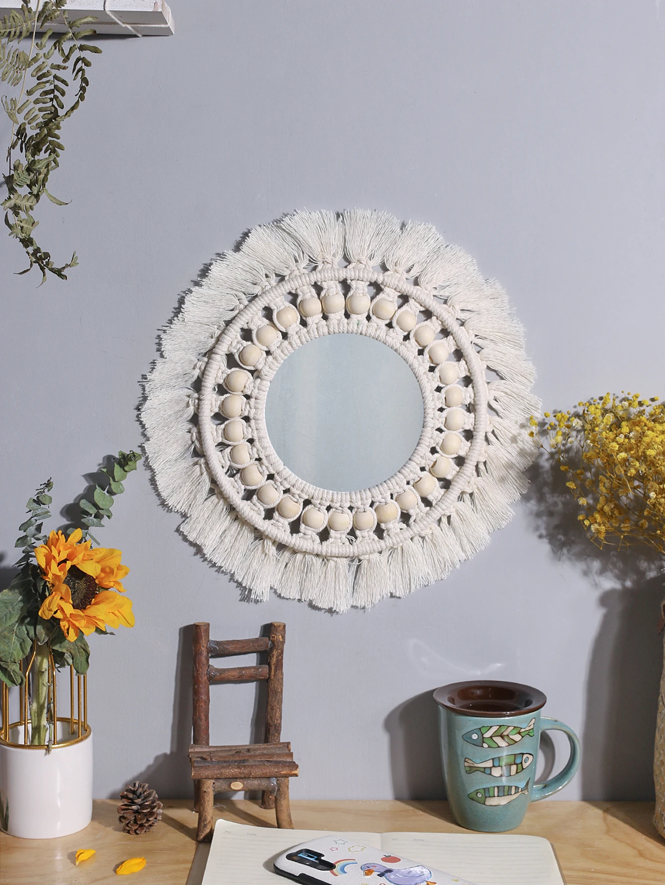 Macrame Mirror Round Beige Wooden Beads Mirror Wall Boho Home Decoration Aesthetic Wall Decor Accessories Room Ornament Art Gift