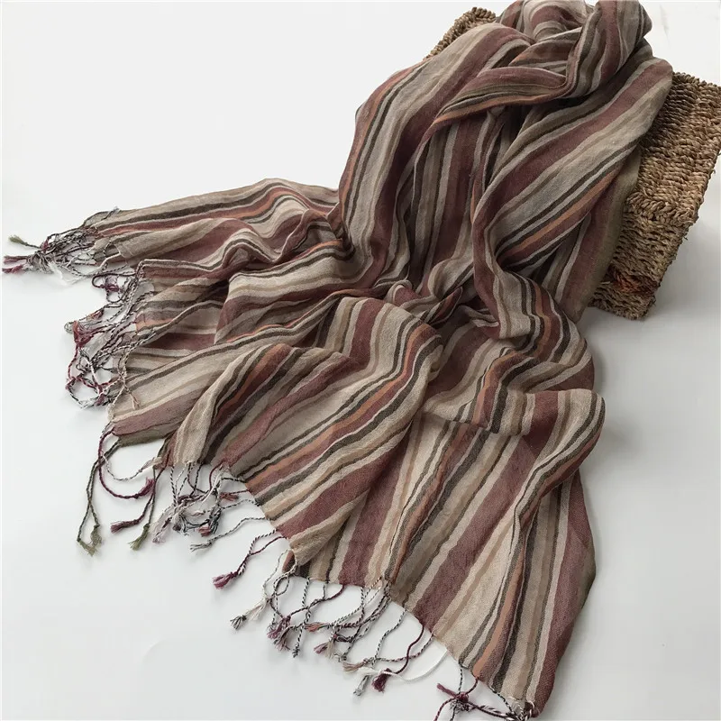 Johnature 2024 New Thin Cotton Linen Striped Scarf Four Seasons Versatile Soft Neck Guard Silk Scarf Women\'s Travel Shawl Scarf