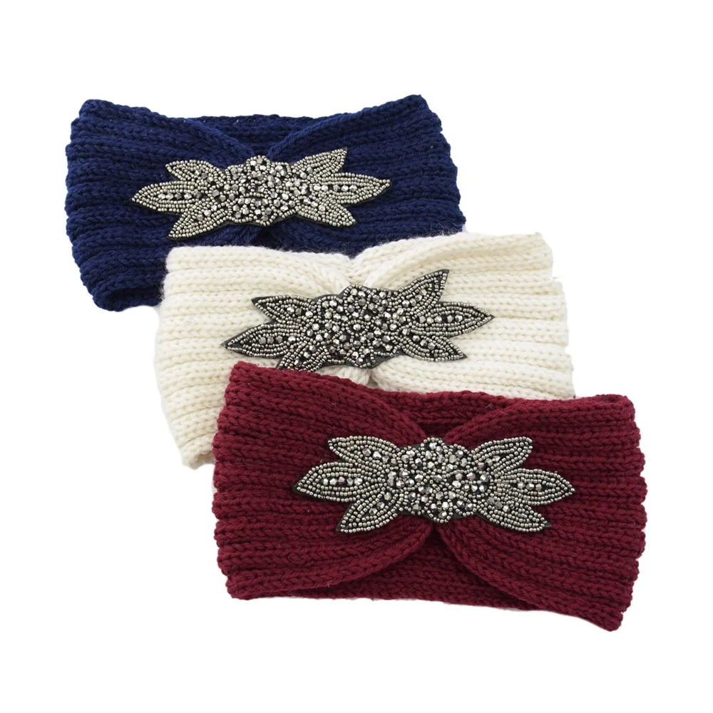 Edelstein-Stirnbänder, elastisch, Ohrenwärmer, gestrickt, Kopfbedeckung, Turban, breite Krempe, Kopfbedeckung für Damen und Mädchen, Wintermode, Haar-Accessoires – Detail 3