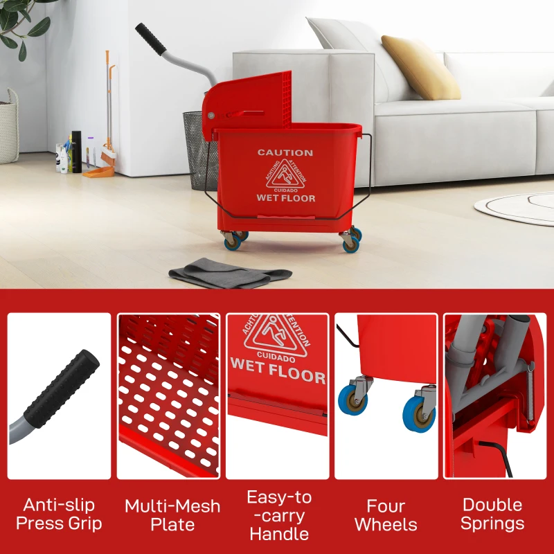 Cubo de fregona rojo de 20L con ruedas, ideal para fregar a gran escala, viene con cesta de muñeca, señal de precaución para suelo húmedo para seguridad