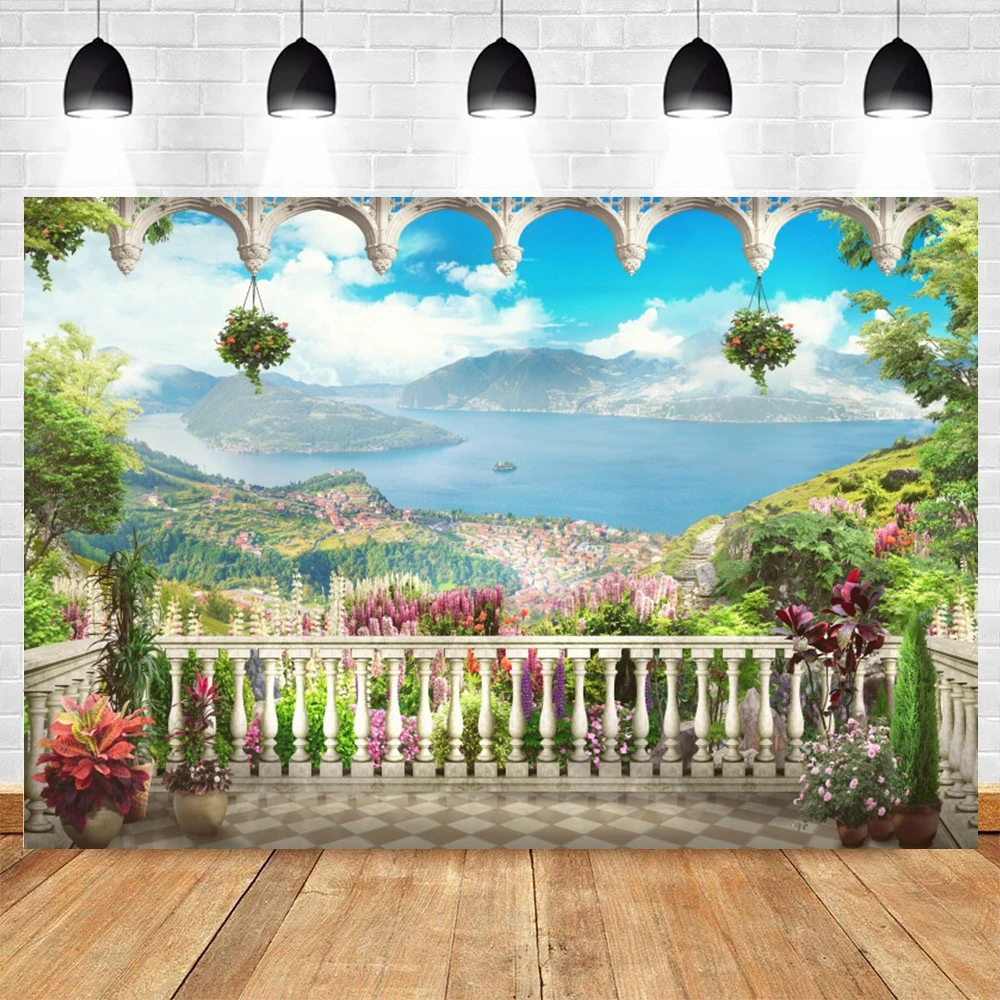 Beach Seaside Balcony Holiday Party Decor Backdrop for Photography Bay Town Buildings Flowers Landscape Scenery Photo Background