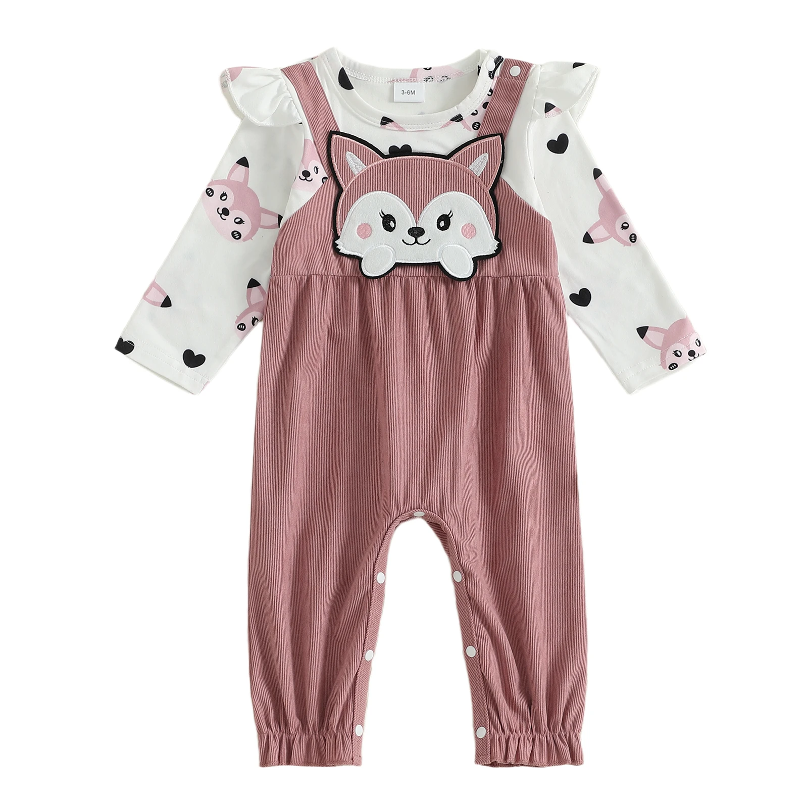 

Baby Girls Jumpsuit Long Sleeve Crew Neck Cartoon Fox Patchwork Casual Romper Clothes