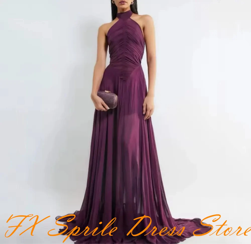 CustomizedCustomized Classic Purple Evening Dress Modern Style Halter Sleeveless Party Dresses A-Line Sweep Train Saudi Arabia P