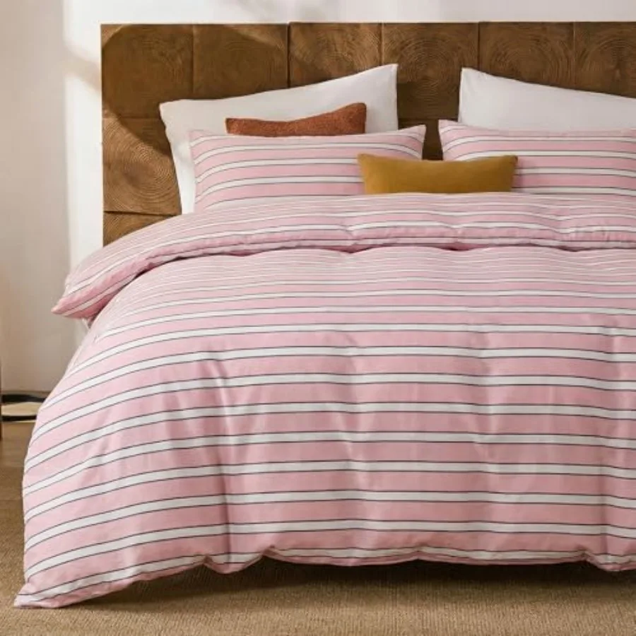 

Queen Duvet Cover Set100% Cotton Double Gauze Cherry Pink Soft Stripe Muslin Bedding Lightweight Breathable Soft Romantic Femin