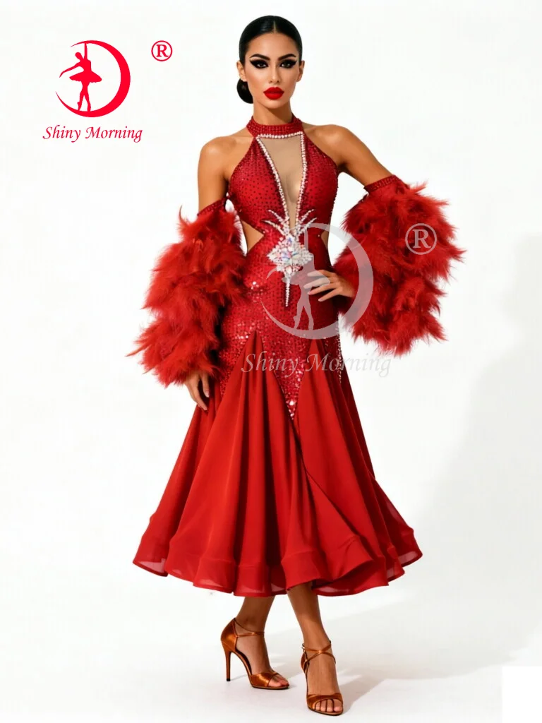 

Женское красное платье для бальных танцев, с воротником-халтером, украшенное стразами и перьями, современный костюм для выступлений вальса и танго для танцовщиц