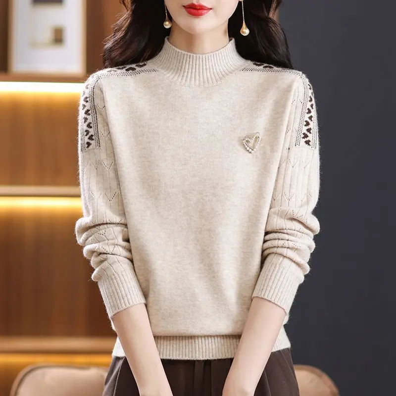 Round Neck Screw Thread Pullover Women's Clothing Sweater Long Sleeve Knitted Autumn Winter Solid Color Office Lady Rivet Tops