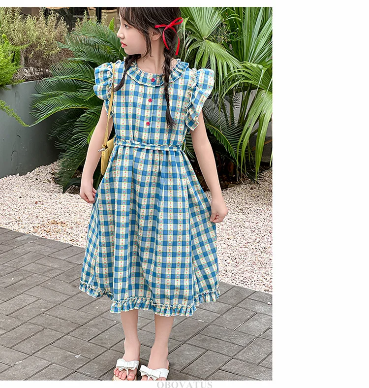 Preppy-Stil Kinder Babyblau Kariertes Kleid mit Blütenärmeln für Mädchen A-Linien-Schulkleider für Teenager Neue Sommerkleidung – Detail 2