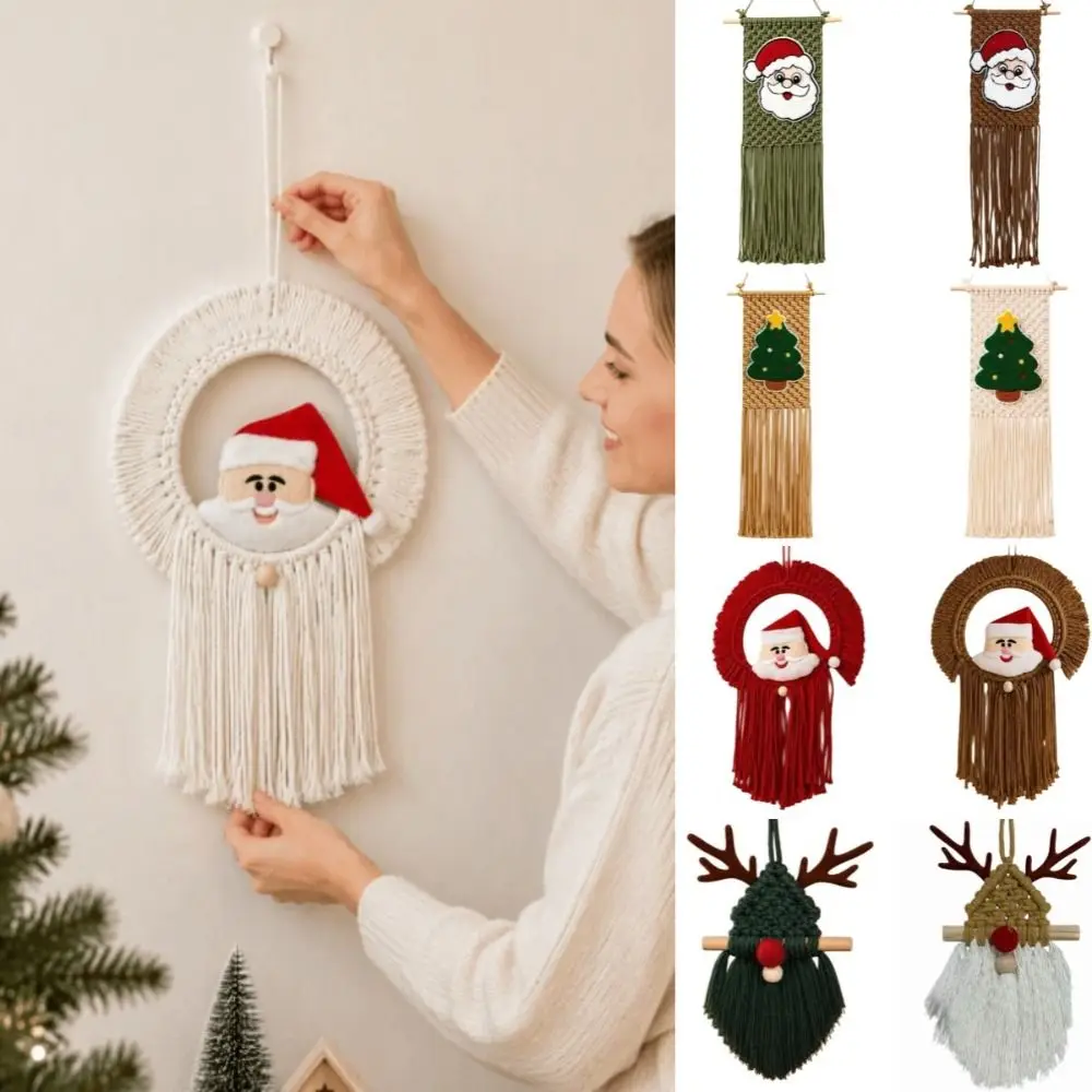 Bohemian Style Wall Decorative Tapestry Handwoven Santa Claus Christmas Tree Tapestry Deer Ornament Cotton Rope Tapestry