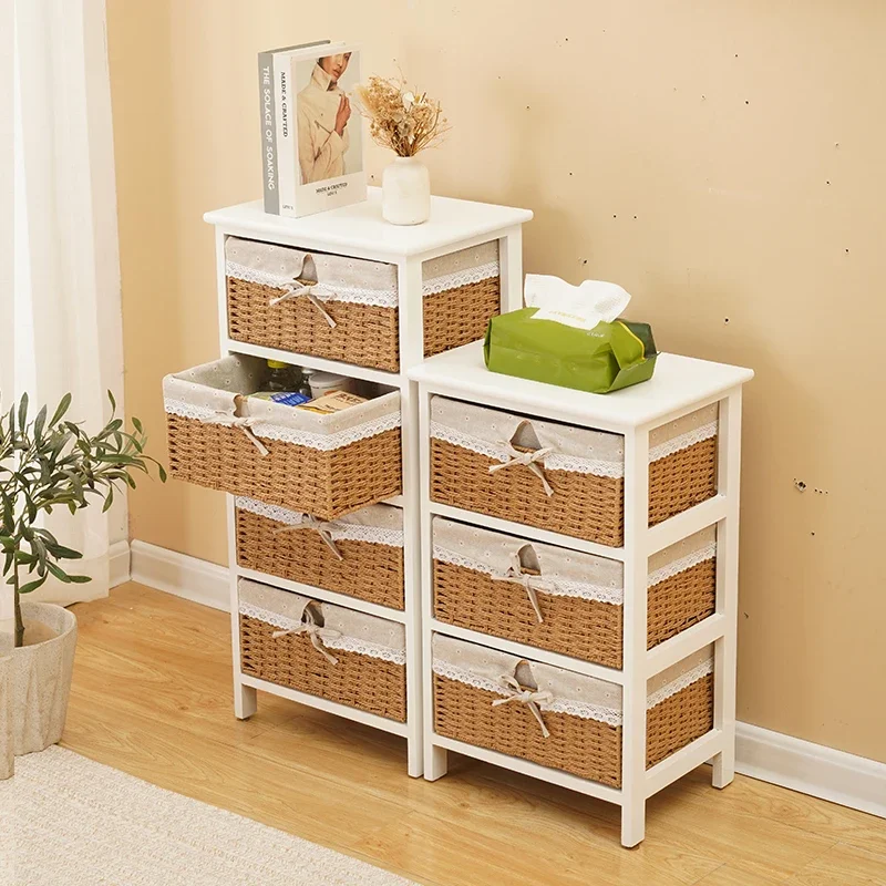 Solid wood chest, locker, rattan basket, fabric, bedroom simple bedside table, simple modern living room side cabinet