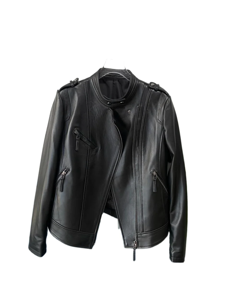   เสื้อแจ็คเก็ตหนังแท้ทรงสลิมฟิต คอตั้ง สไตล์ไบค์เกอร์ สำหรับผู้หญิง รุ่น Ning 2023 Autumn ort  ทำจากหนังวัวแท้