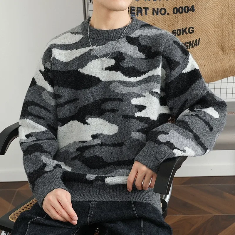 American Style Vintage Camouflage Knitted Top Men's Sweater Loose Fit Casual Trendy Fashionable Long Sleeve Crew Neck Sweater