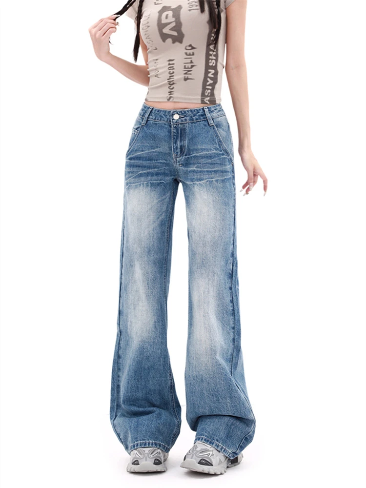 Jeans da donna dritti a vita alta blu lavati ad acqua Gamba larga Streetwear Pantaloni vintage da ragazza cool Pantaloni casual in denim femminile