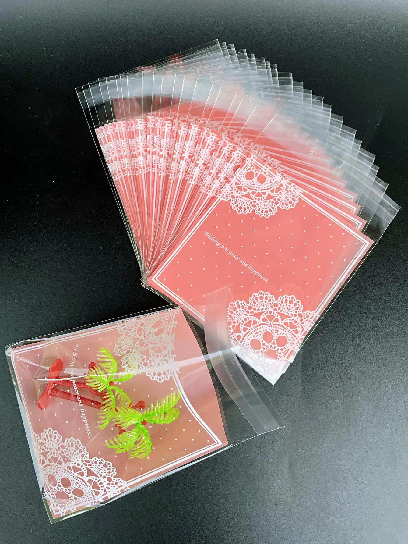 100pcs Pink Lace Printing Opp Self-sealing Bags, Small Gift Bags, Party Event Holiday Gifts Candy Decorative Bags