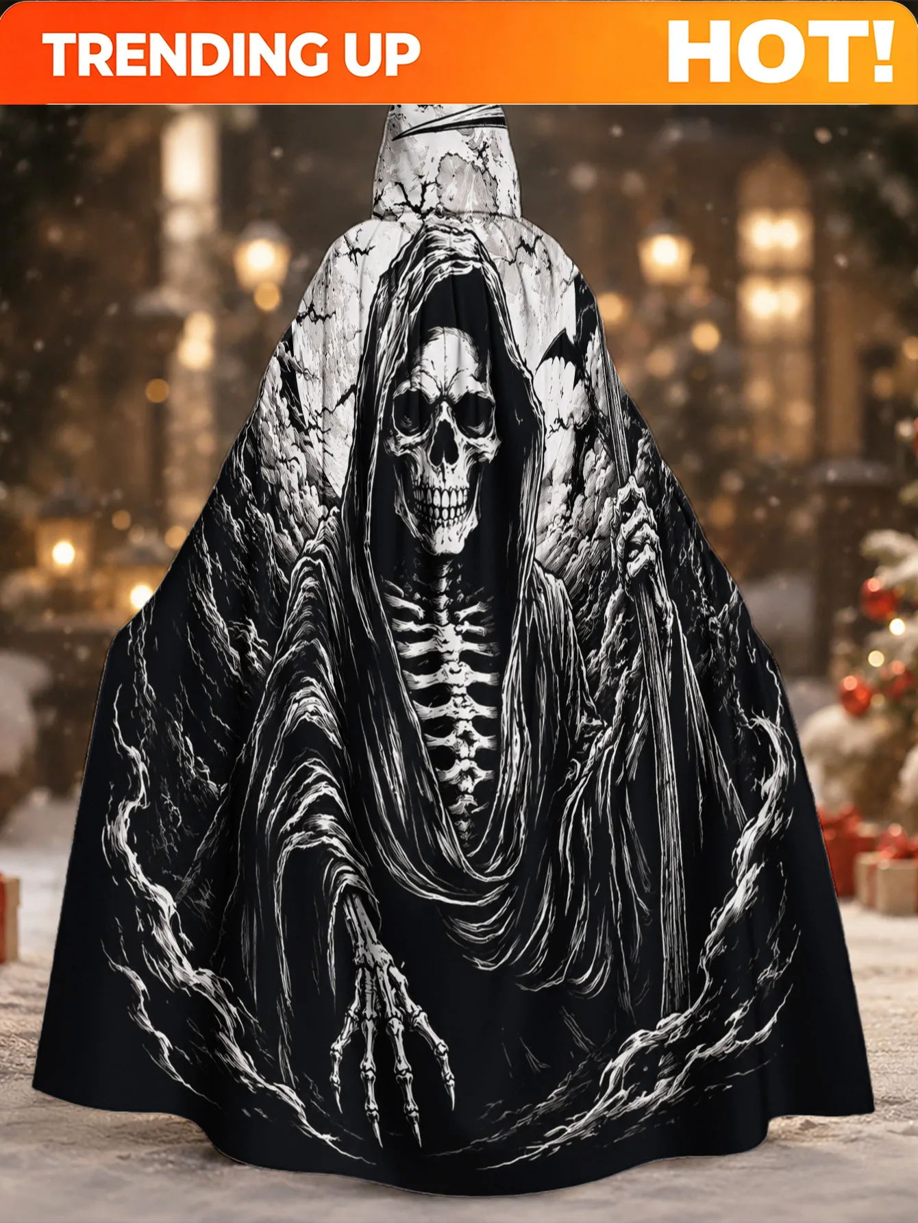 Customization 1pc, Long Hooded Robe With Gothic Grim Reaper Moon Print, Adult Polyester Cloak, Suitable For Halloween Wizard Par