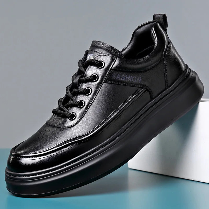 

New Designer Black Casual Sneakers for Men Fashion Cow Leather Sports Shoes Male Soft Sole Autumn High Quality Board Shoes Man