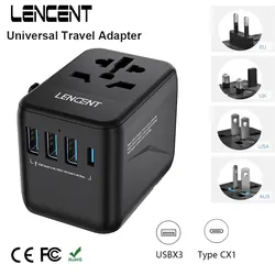 Uniwersalny adapter podróżny LENCENT z 3 portami USB 1 typ C PD do ładowania Uniwersalny adapter podróżny z wtyczką UE/UK/USA/AUS do podróży